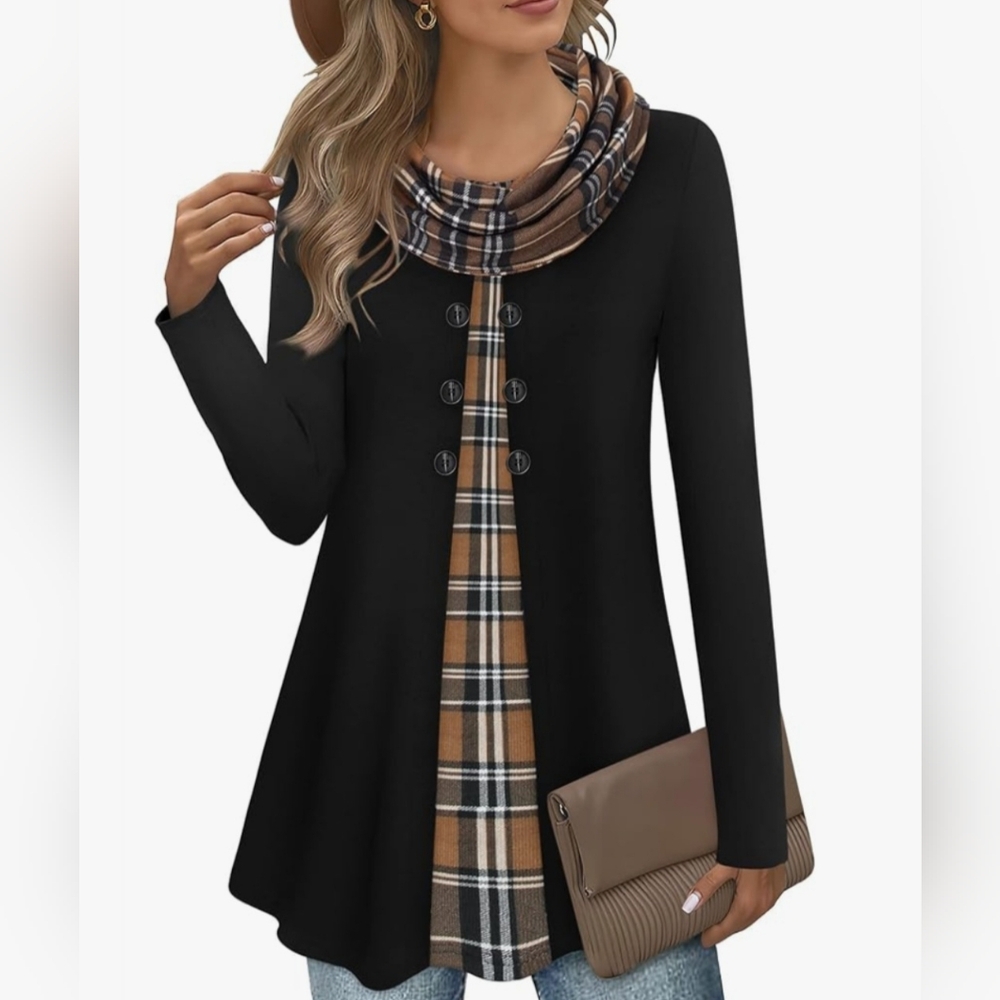Bebonnie Long Sleeve Cowl Neck Plaid Splicing Tunic. Size Medium